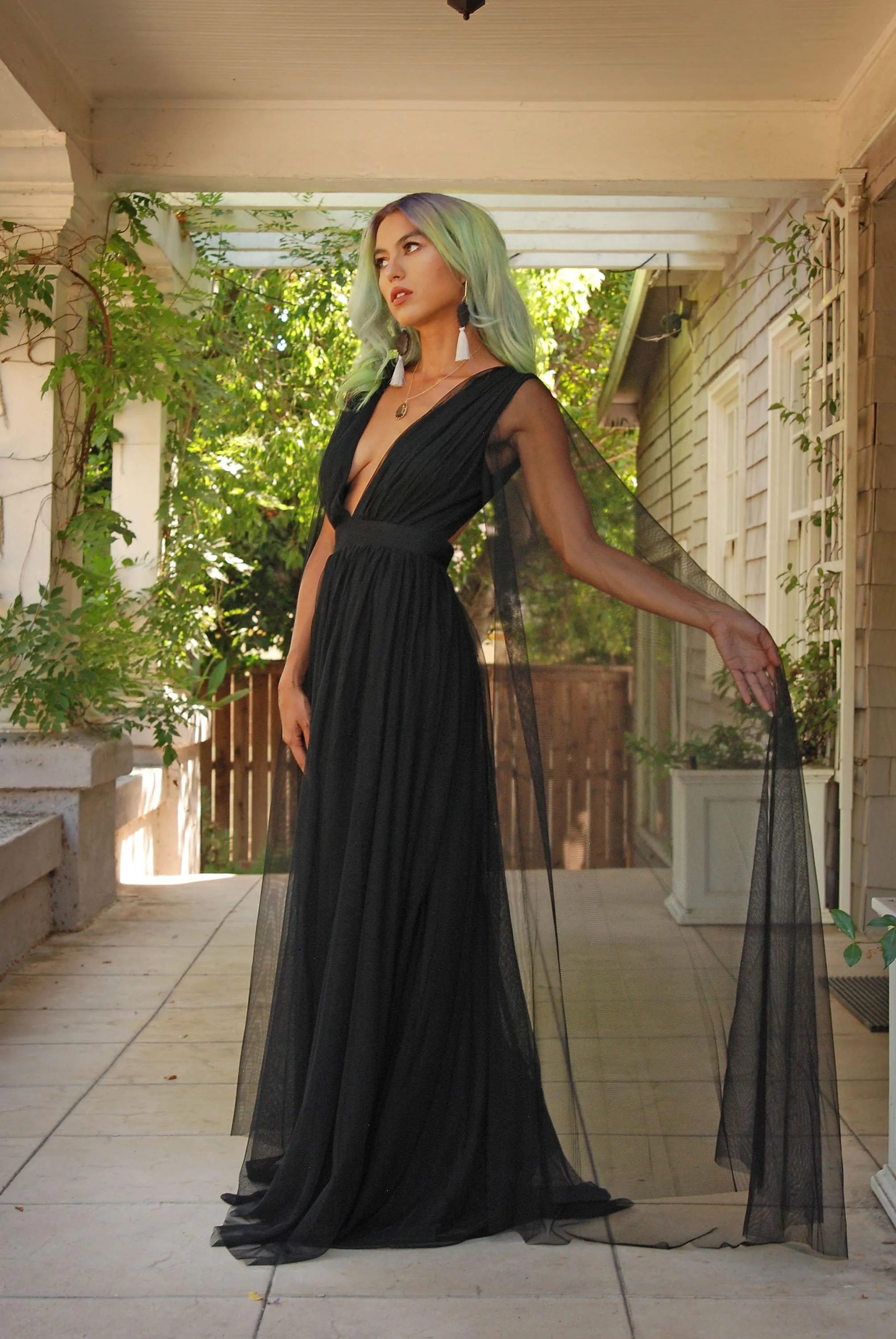 Gothic Glamour Bombshell Gown in Black with Floor Length Sheer Cape Sleeves