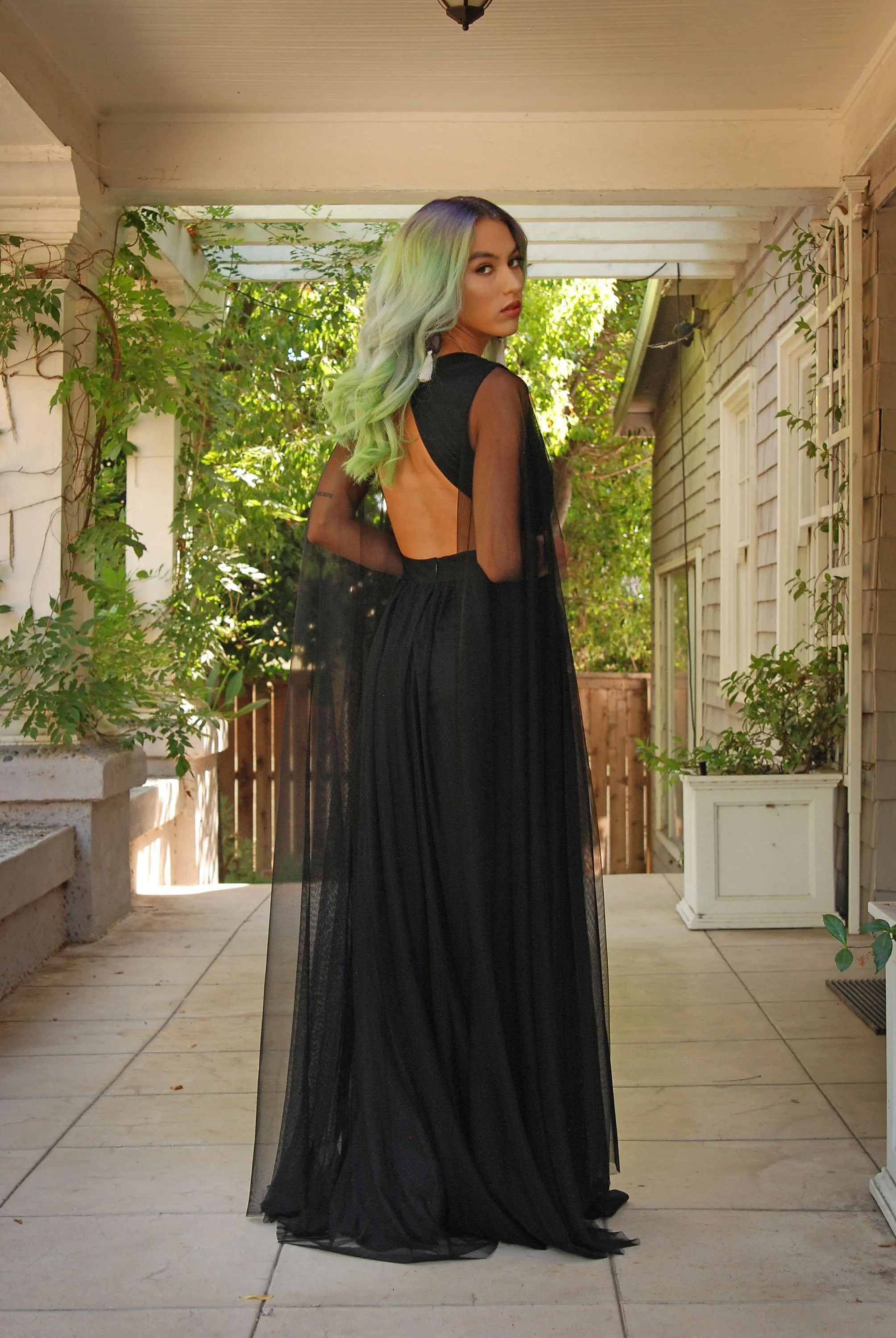 Gothic Glamour Bombshell Gown in Black with Floor Length Sheer Cape Sleeves