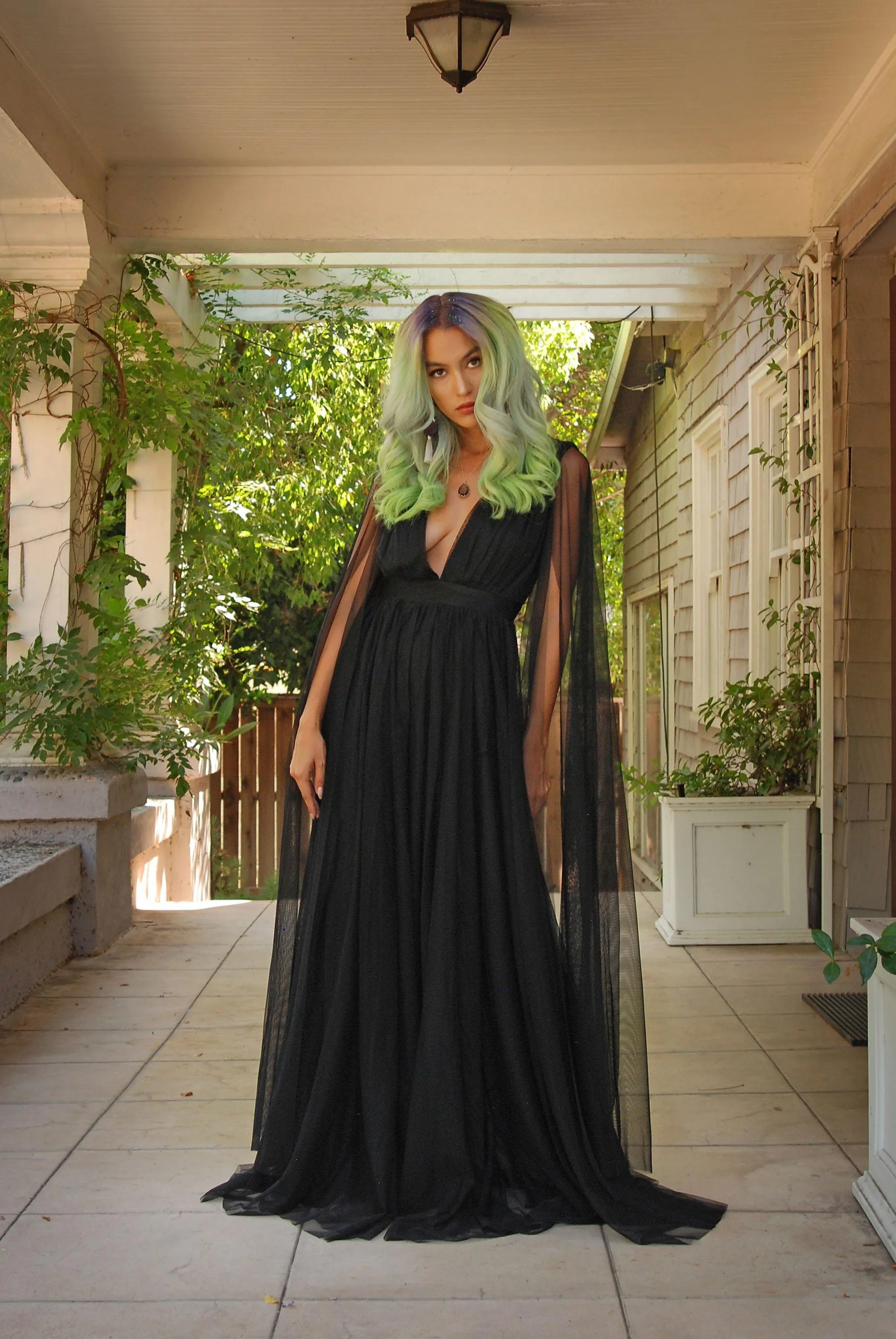 Gothic Glamour Bombshell Gown in Black with Floor Length Sheer Cape Sleeves