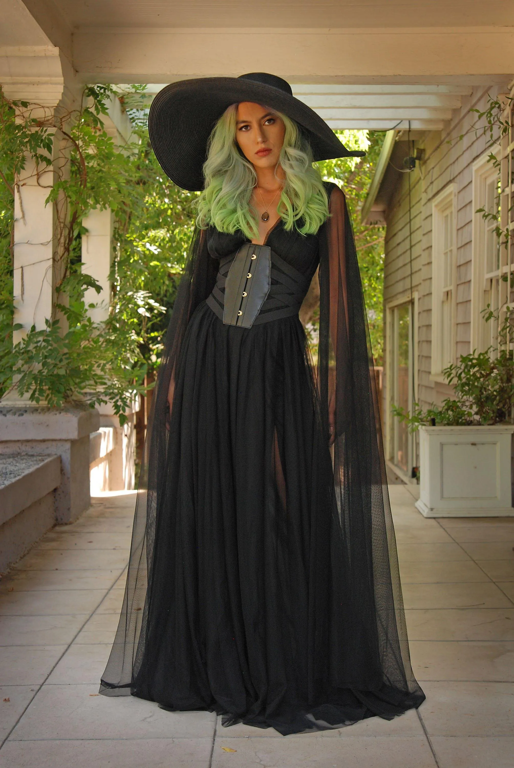 Gothic Glamour Bombshell Gown in Black with Floor Length Sheer Cape Sleeves