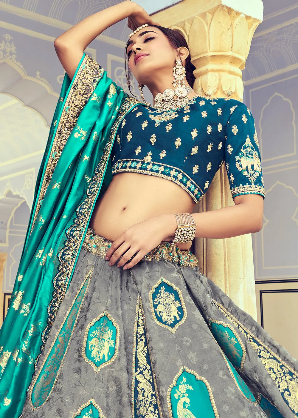 Green & Grey Banarasi Silk Lehenga Choli with Khatli and Heavy Embroidered work