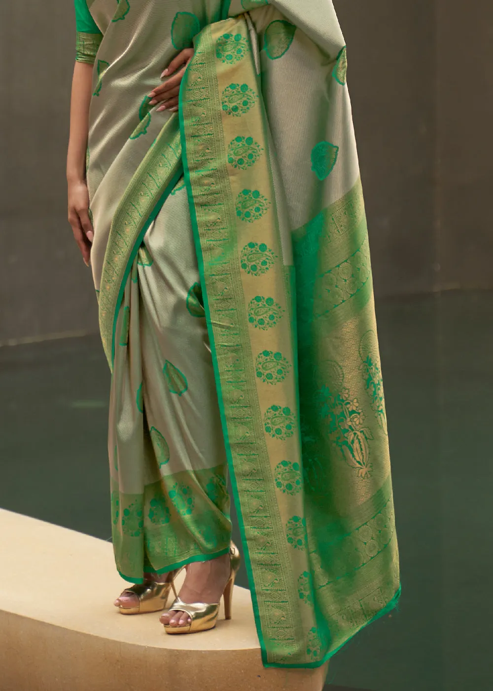 Green & Grey Two Tone Woven Silk Saree