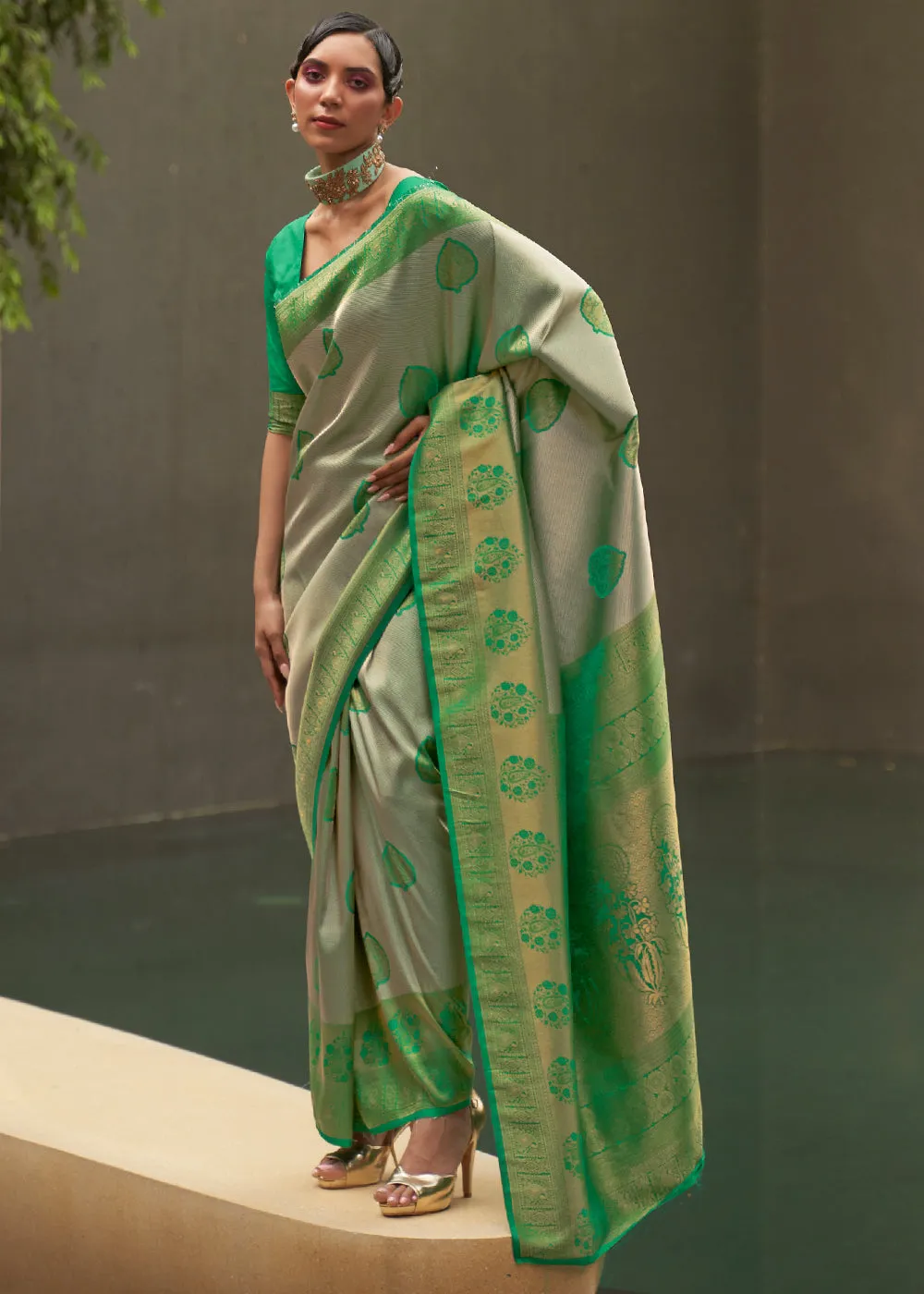 Green & Grey Two Tone Woven Silk Saree