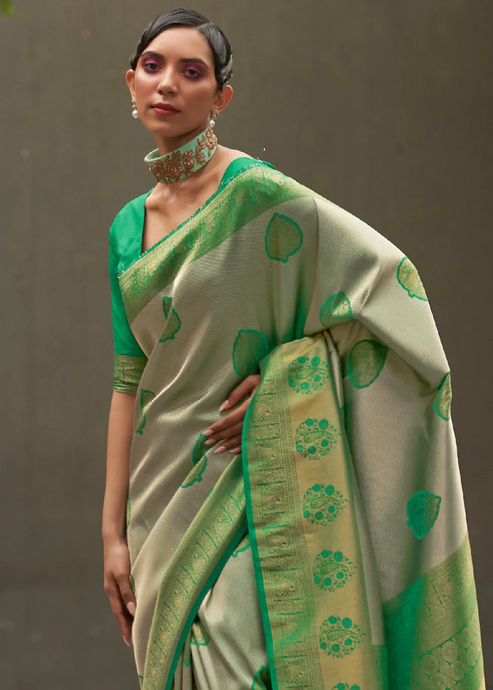 Green & Grey Two Tone Woven Silk Saree