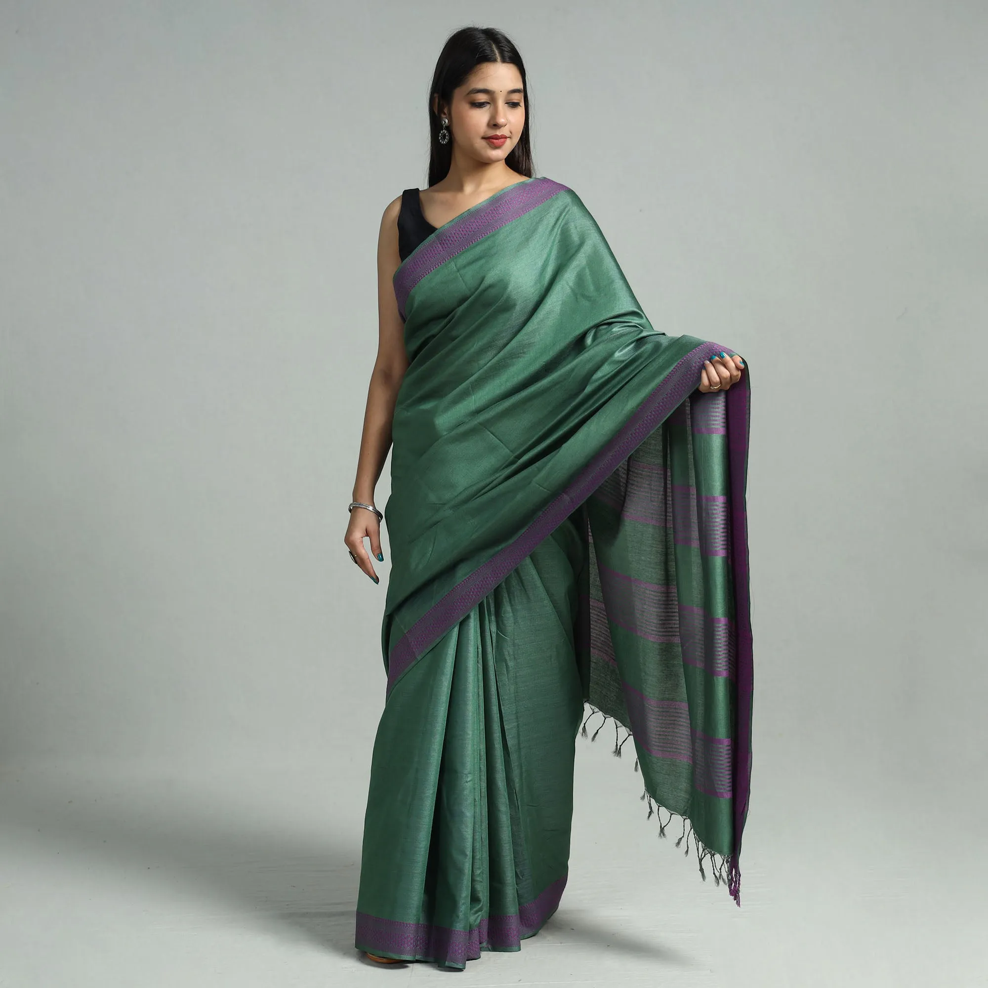 Green - Vidarbha Bamboo Tussar Cotton Dobby Border Handloom Saree 01