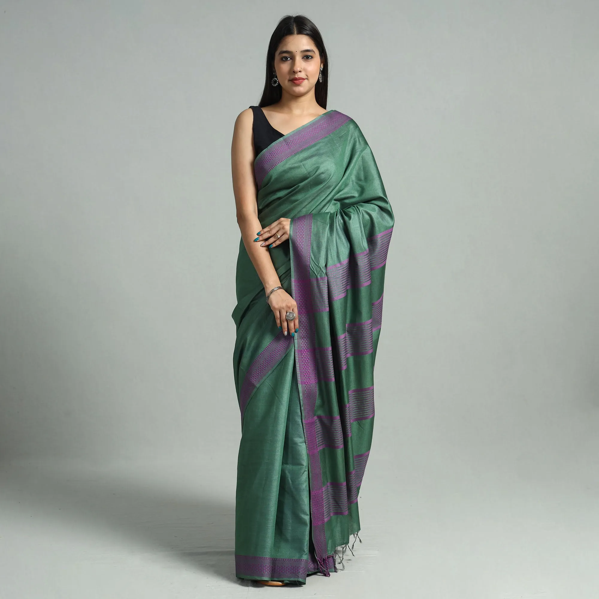 Green - Vidarbha Bamboo Tussar Cotton Dobby Border Handloom Saree 01