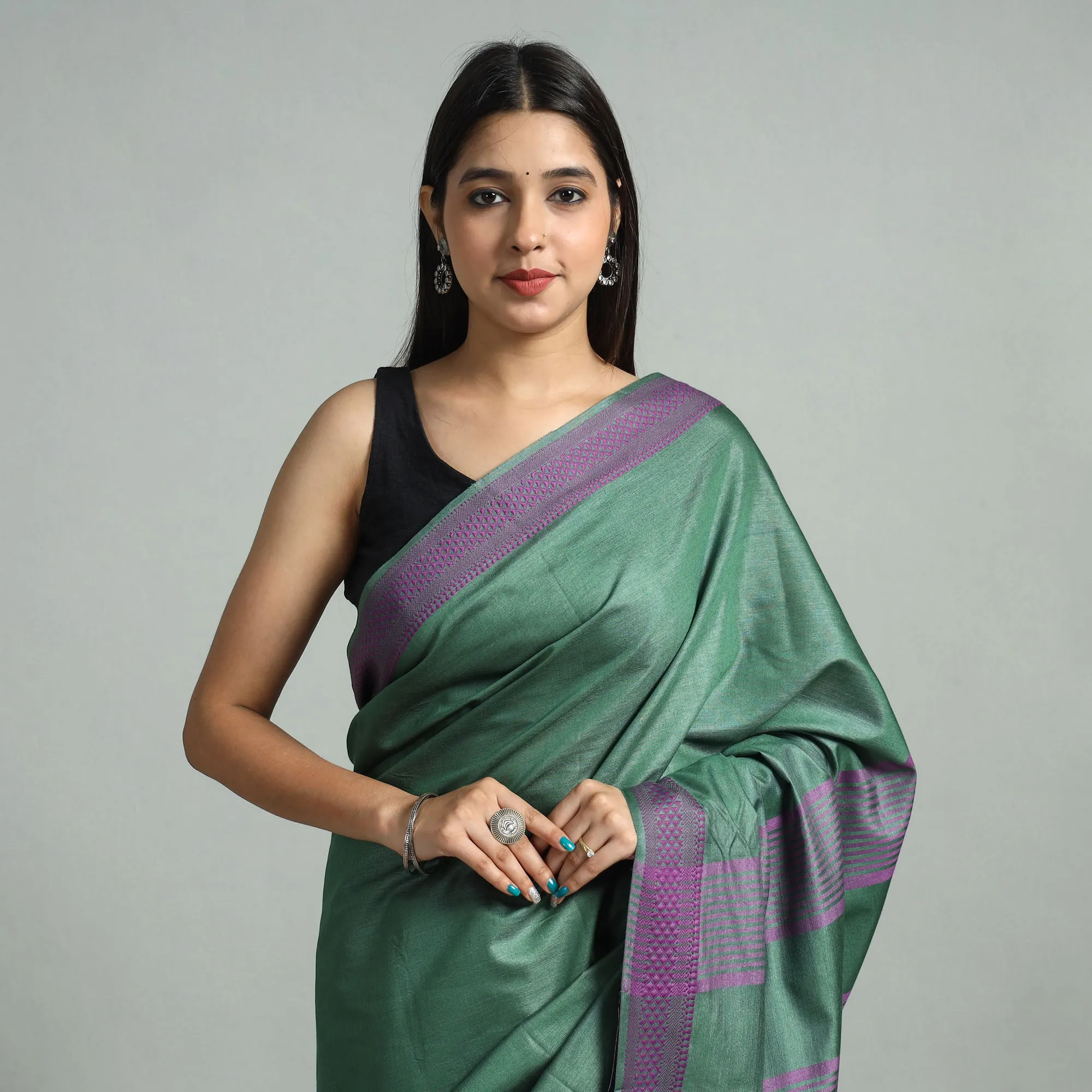 Green - Vidarbha Bamboo Tussar Cotton Dobby Border Handloom Saree 01