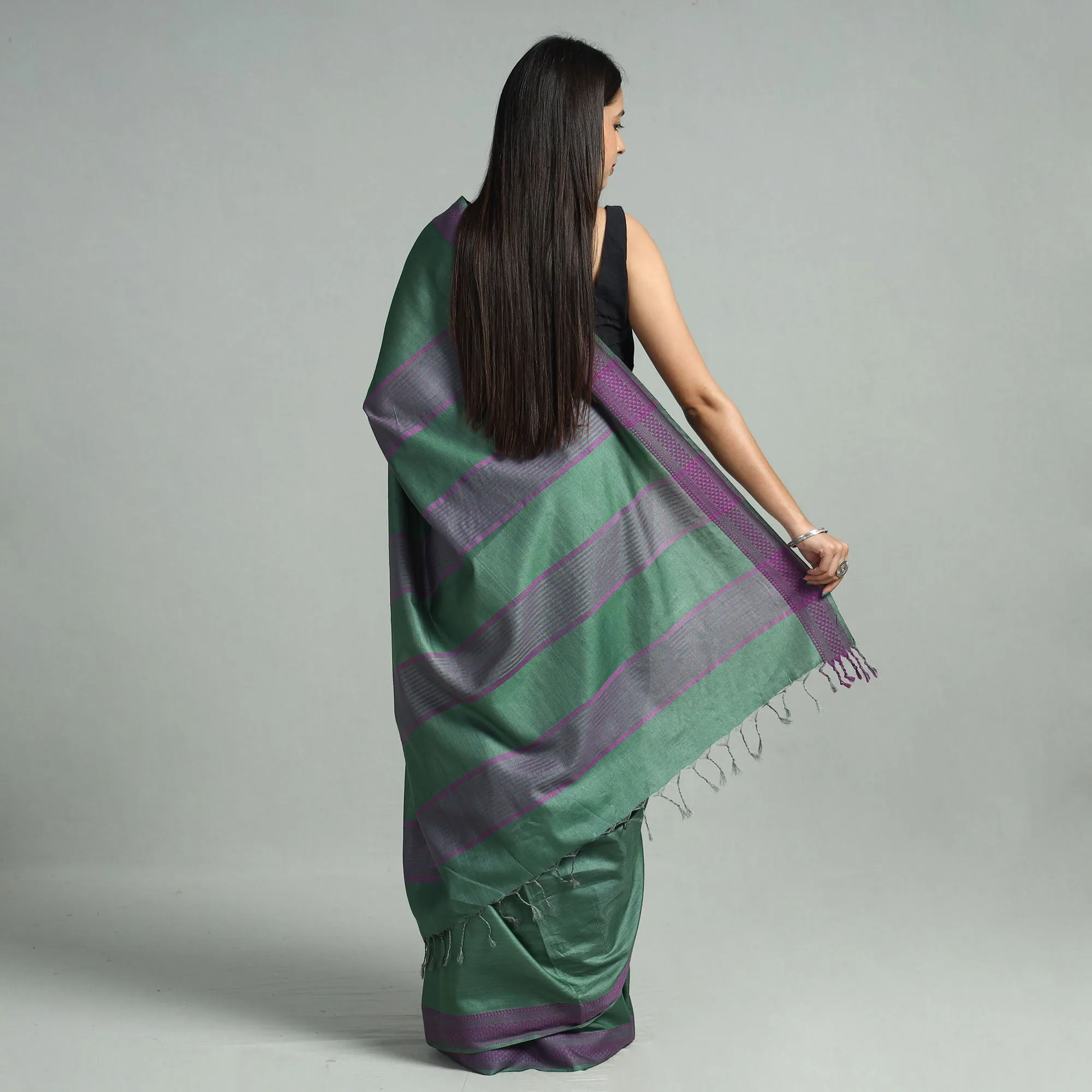 Green - Vidarbha Bamboo Tussar Cotton Dobby Border Handloom Saree 01