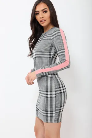 Grey Check Bodycon Dress with Pink Stripe - Jasmine