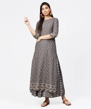 Grey Printed Half Sleeve Cotton Ankle Length Kurta With Flared Ankle Length Skirt