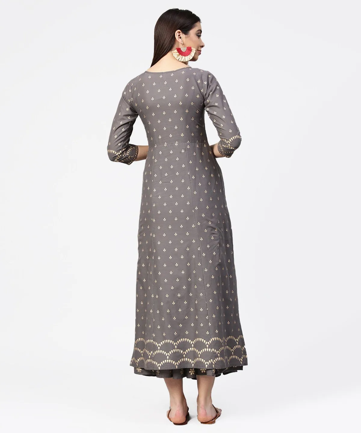 Grey Printed Half Sleeve Cotton Ankle Length Kurta With Flared Ankle Length Skirt