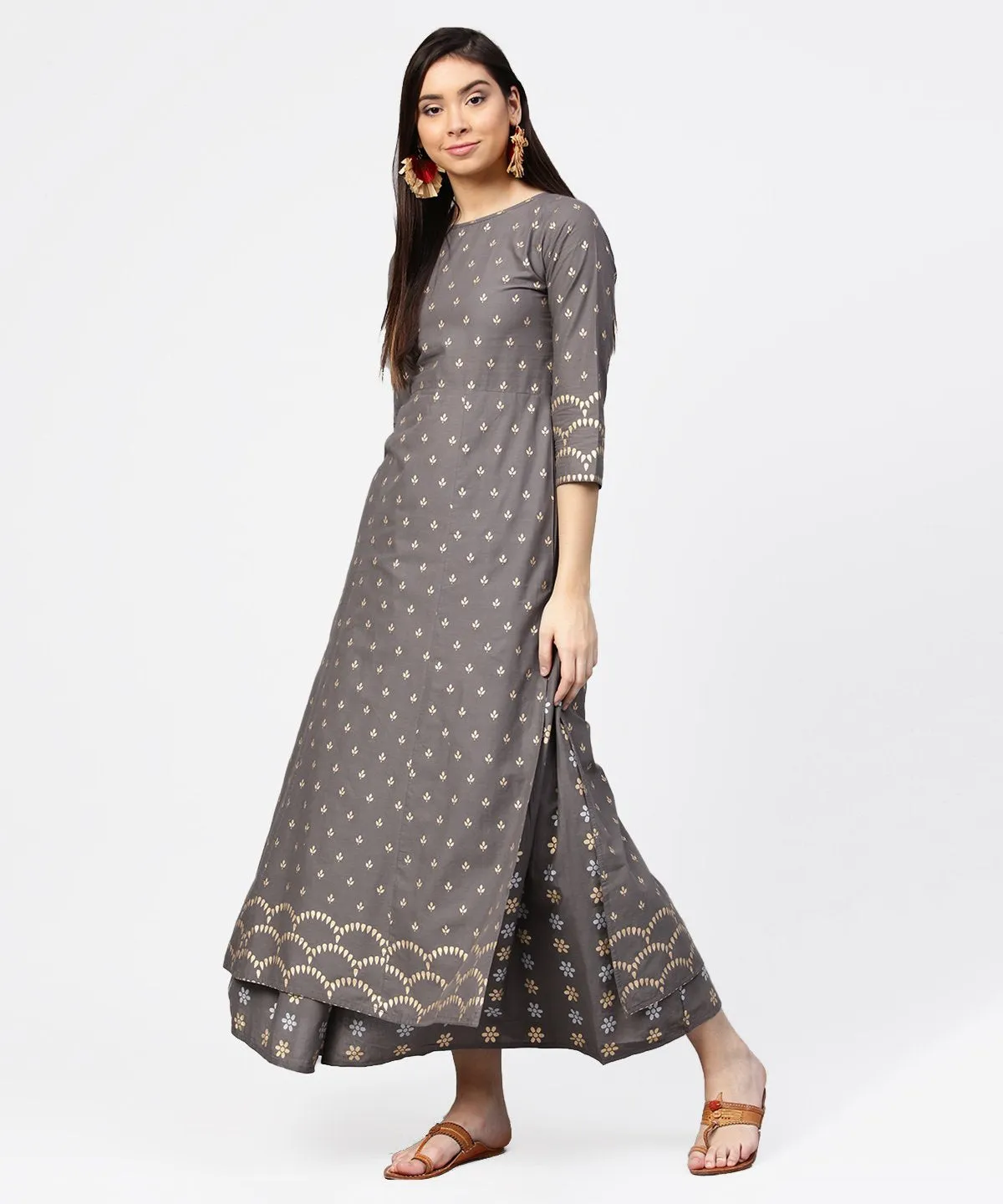 Grey Printed Half Sleeve Cotton Ankle Length Kurta With Flared Ankle Length Skirt