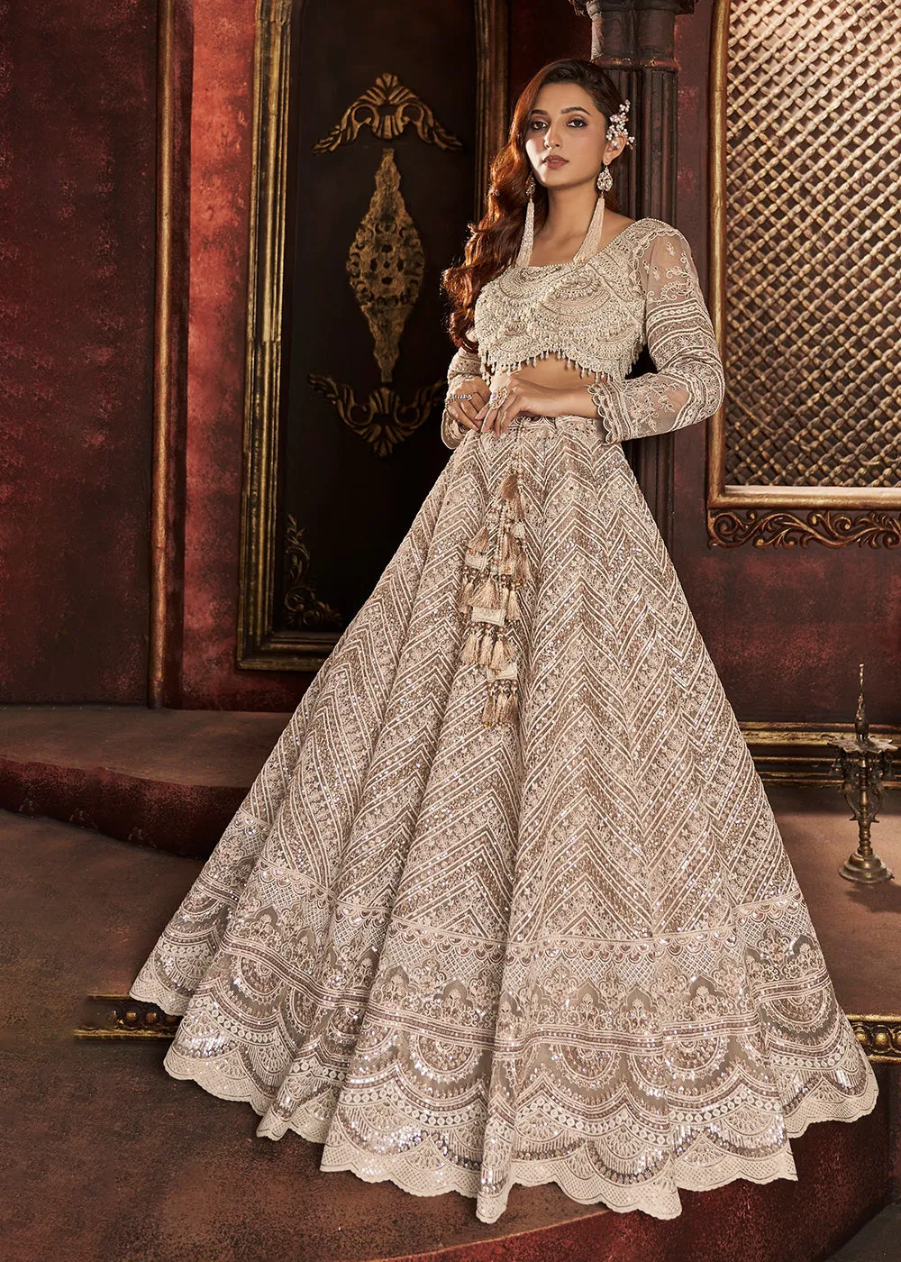 Heavy Embroidered Beige Ivory Net Bridal Lehenga Choli