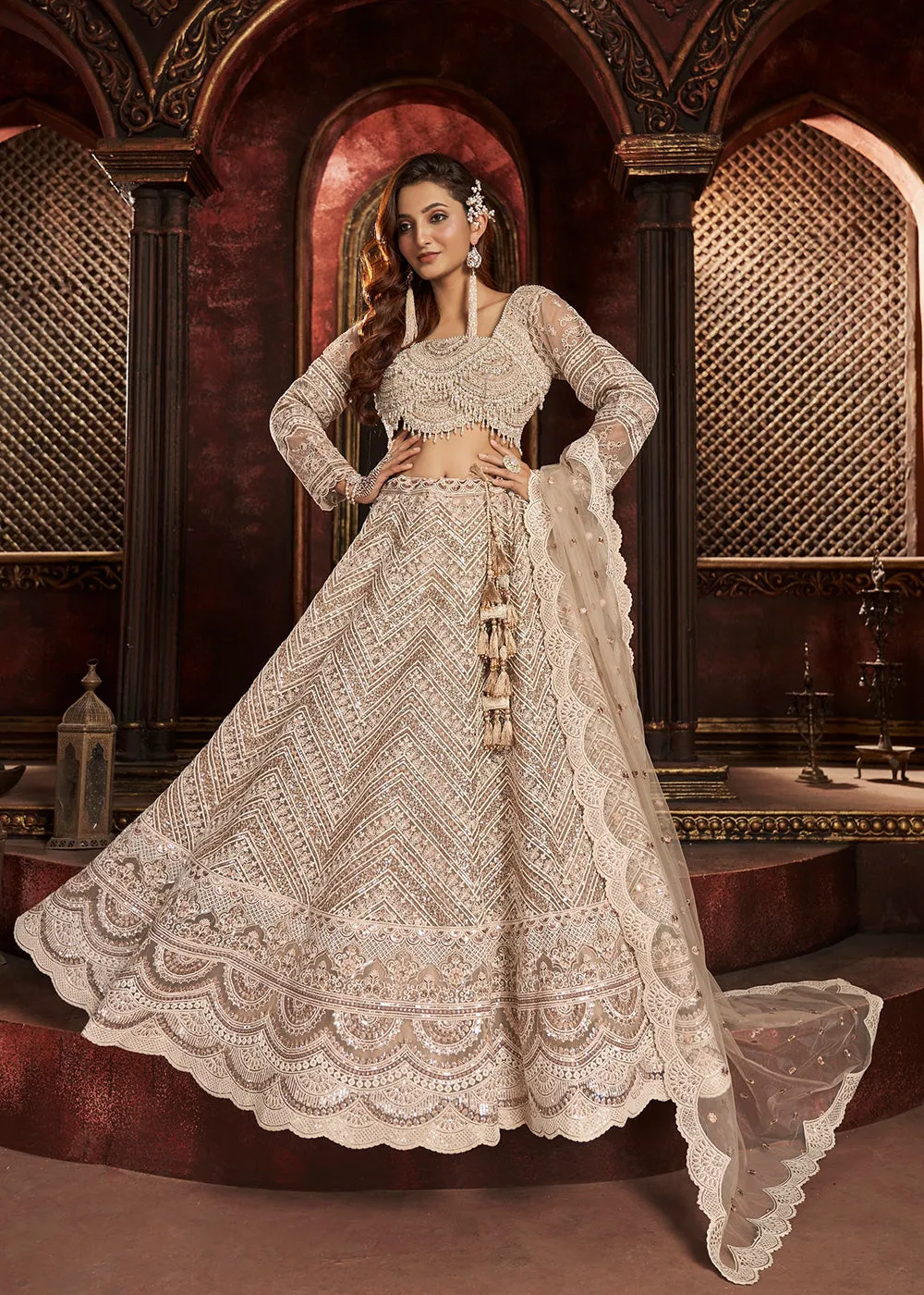 Heavy Embroidered Beige Ivory Net Bridal Lehenga Choli