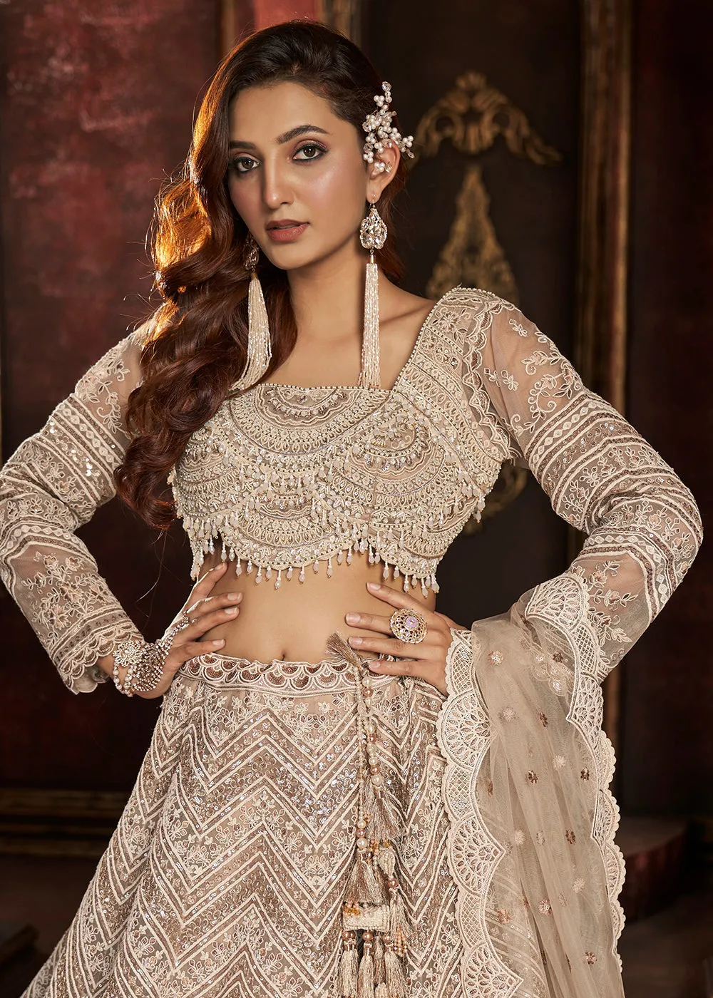 Heavy Embroidered Beige Ivory Net Bridal Lehenga Choli