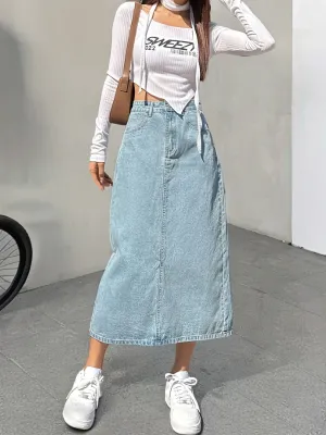 High Rise Split Hem A-Line Denim Skirt, Versatile Washed Blue Women's Jeans & Clothing, Plain Back Design