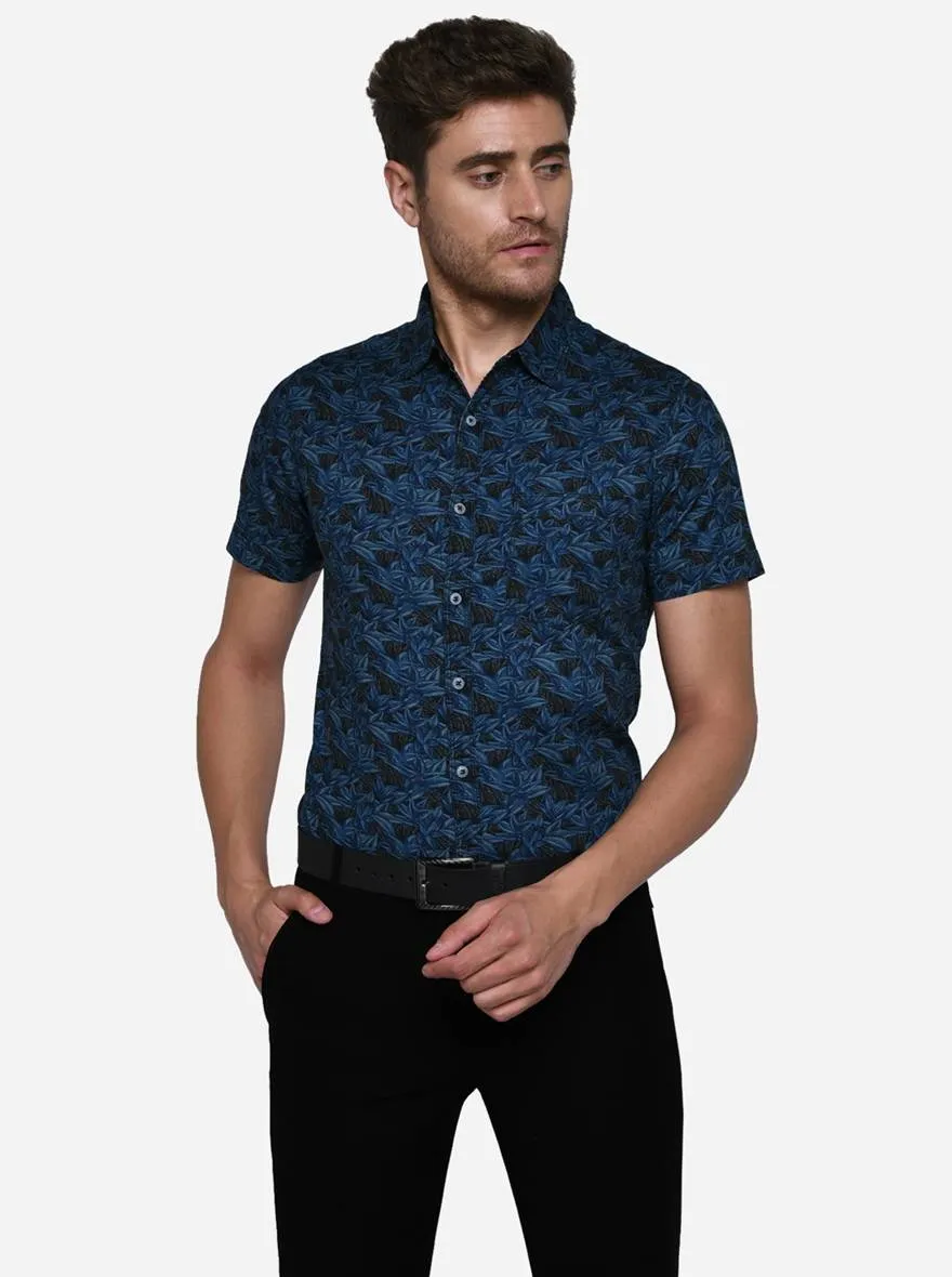 Ink Blue Printed Slim Fit Semi Casual Shirt | Greenfibre