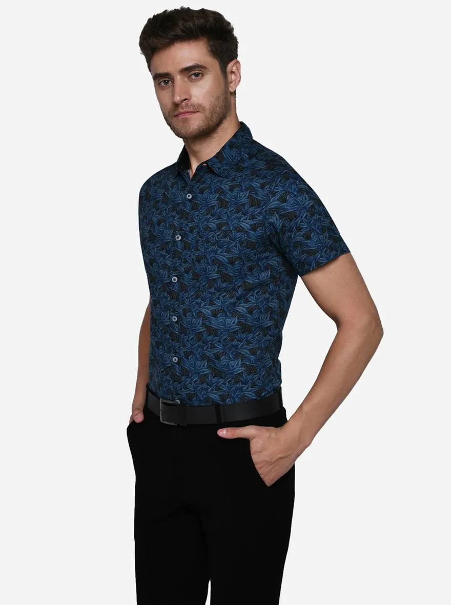 Ink Blue Printed Slim Fit Semi Casual Shirt | Greenfibre