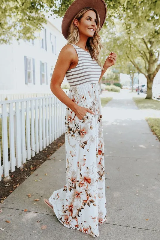 Ivory Floral-Striped Maxi Dress 6791