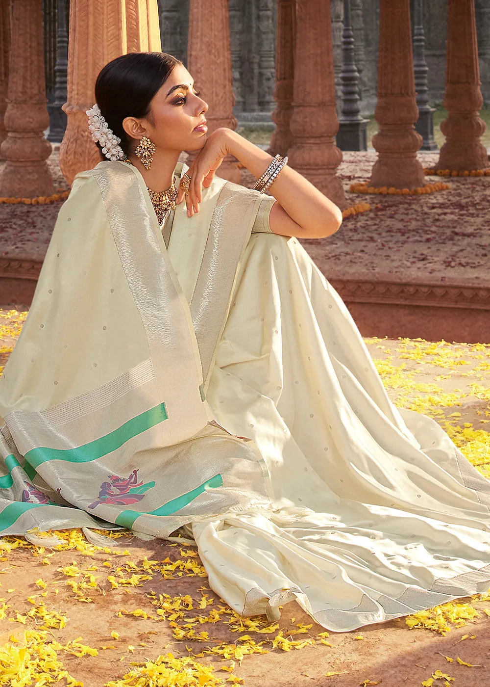 Ivory White Woven Kanjivaram Silk Saree