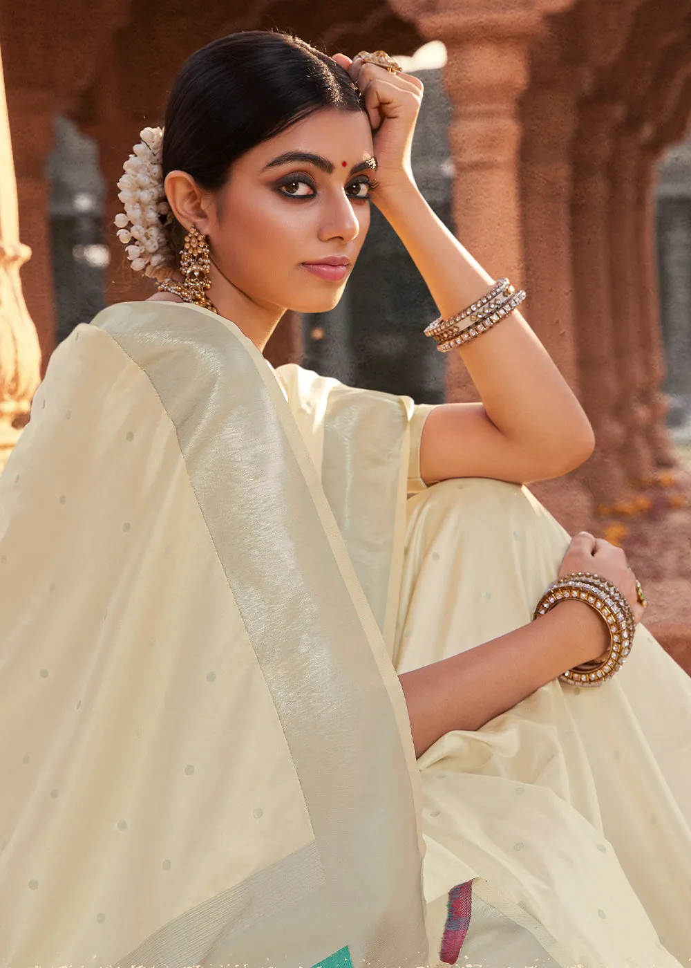 Ivory White Woven Kanjivaram Silk Saree