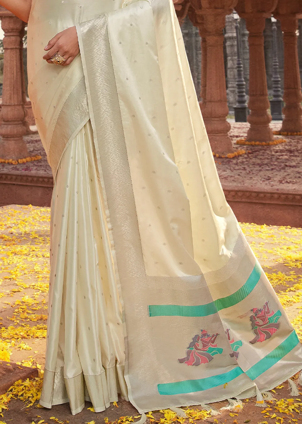 Ivory White Woven Kanjivaram Silk Saree