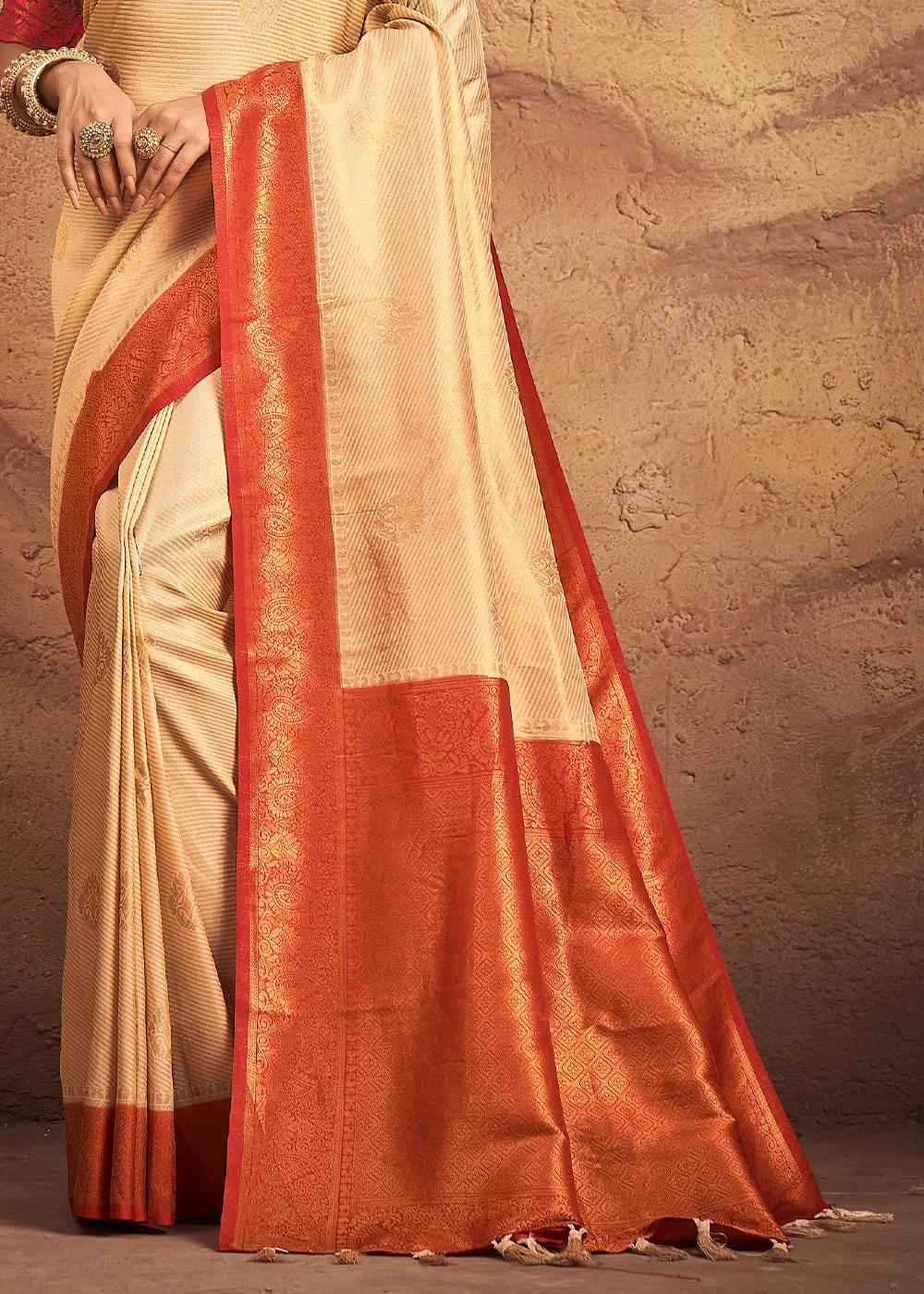 Ivory White Zari Woven Silk Saree