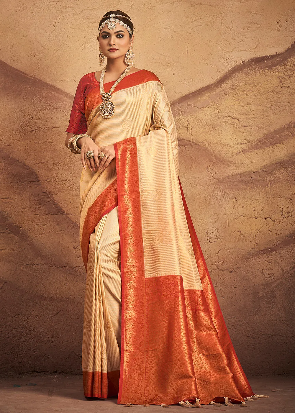 Ivory White Zari Woven Silk Saree