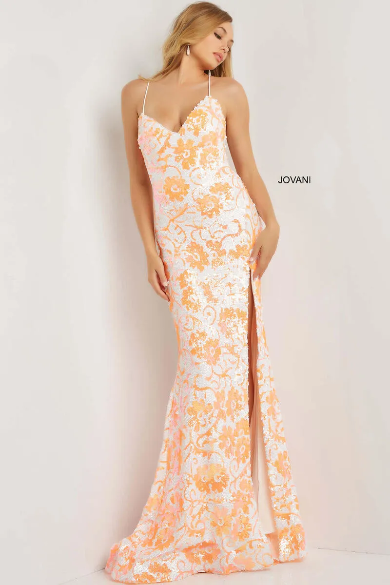 JOVANI 08255 Floral Design Sequin Dress with Spaghetti Straps, Lace Up Back and Slit