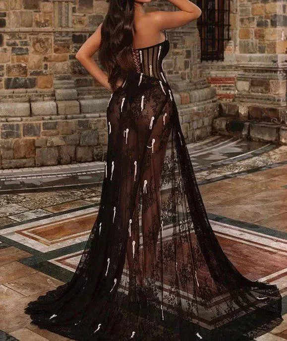 Kate Lace Crystal Tassels See-through Maxi Dress