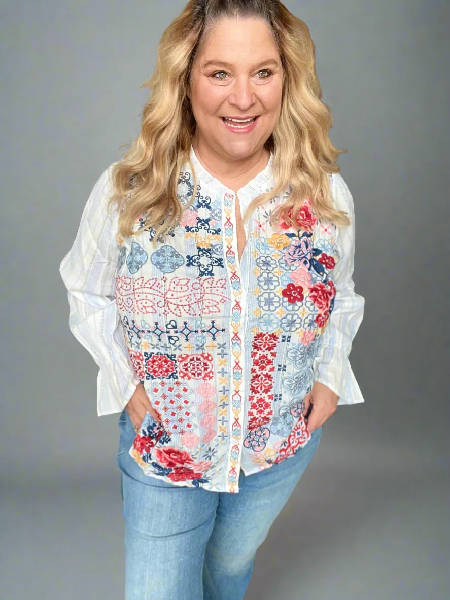 Keep Me In Stitches Embroidered Button Up Blouse