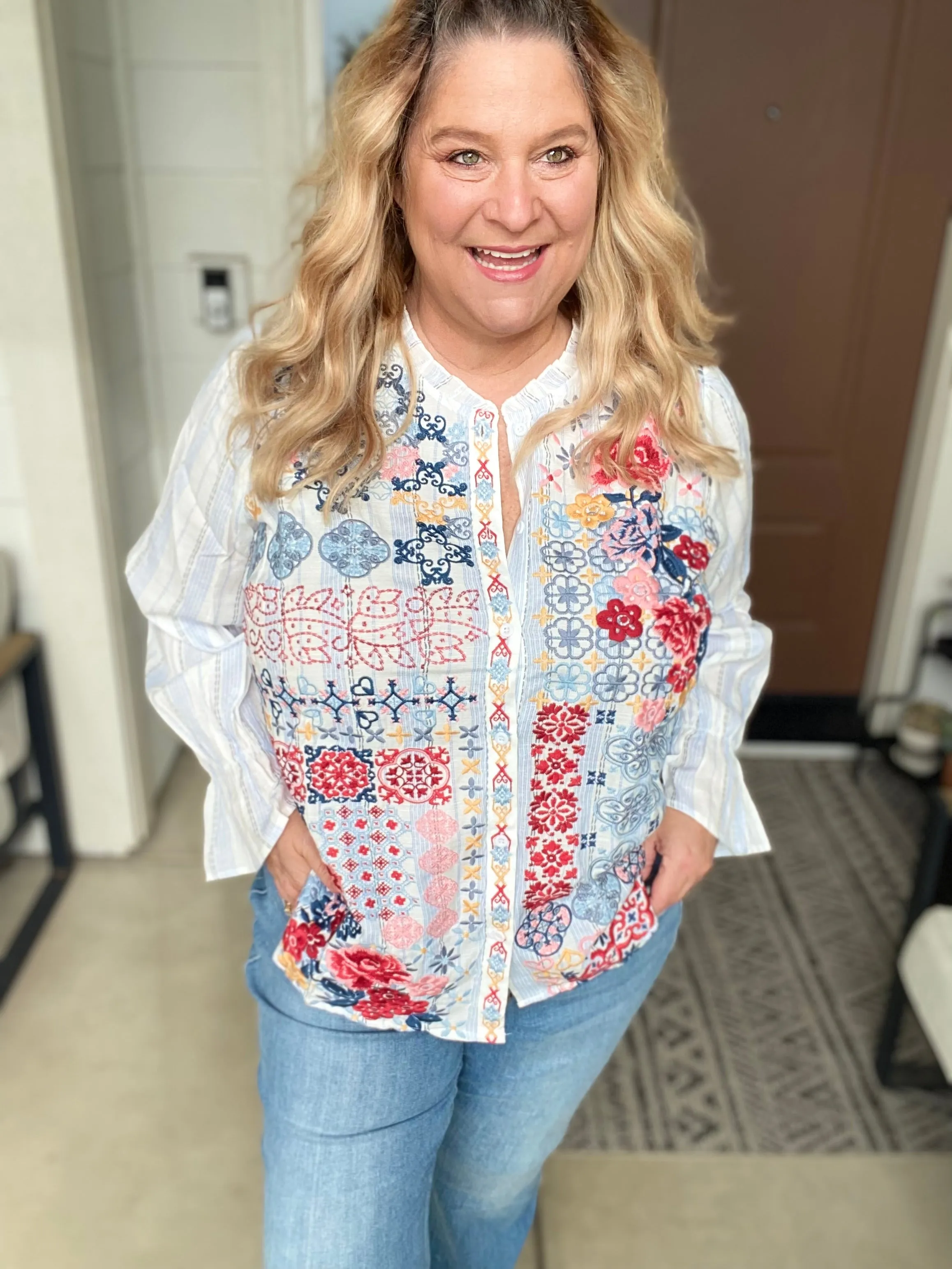 Keep Me In Stitches Embroidered Button Up Blouse