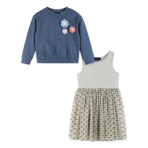 Kids Terry Crewneck & Dress Set | Navy Heather Flowers