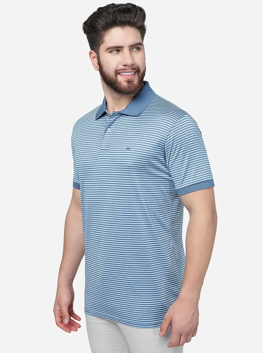 Light Blue Striped Slim Fit Polo T-Shirt | JadeBlue