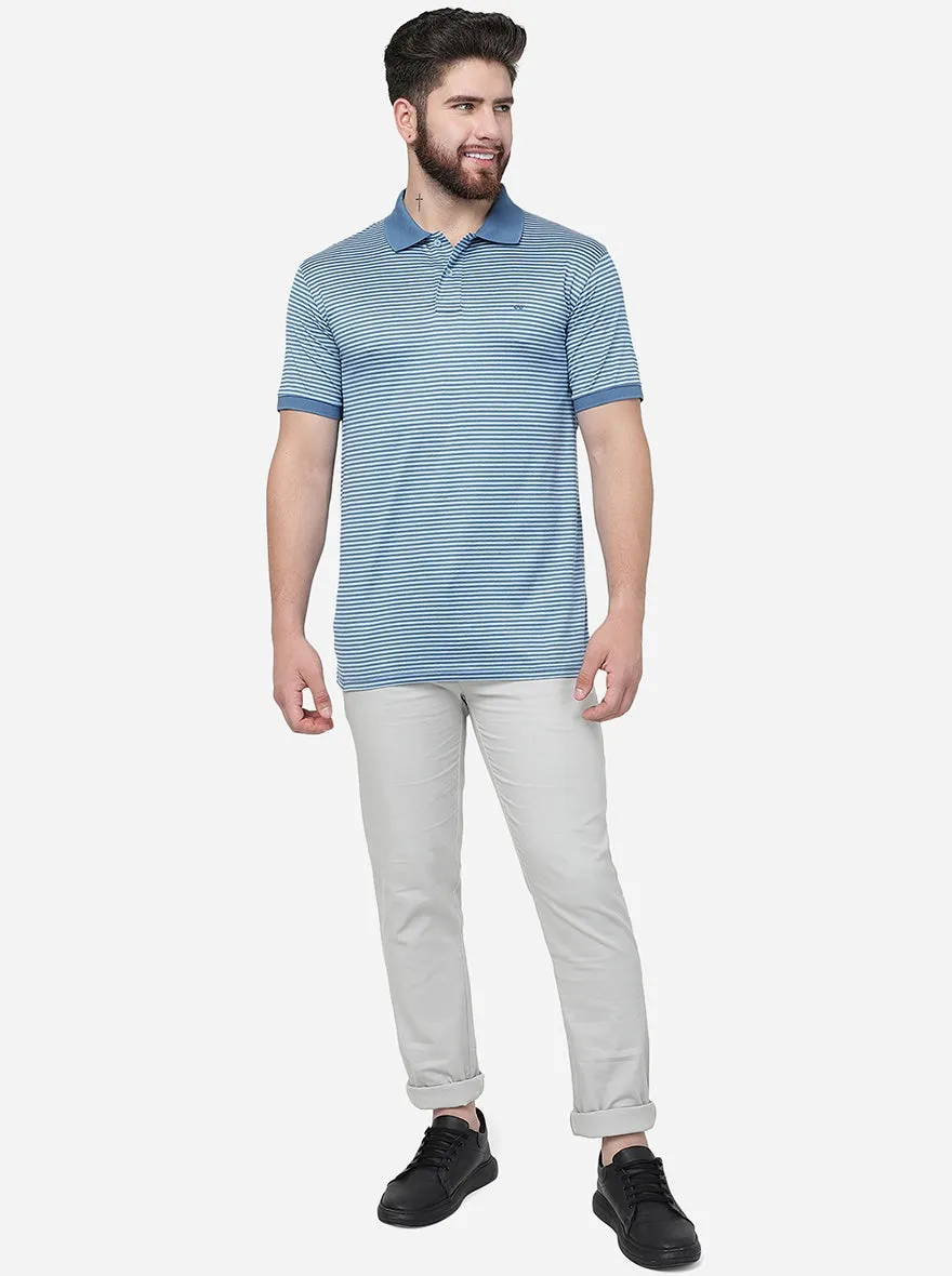 Light Blue Striped Slim Fit Polo T-Shirt | JadeBlue