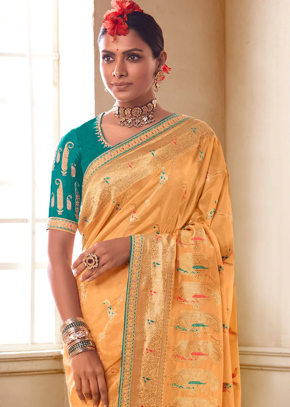 Light Orange Woven Dola Silk Saree with Contrast Embroidered Border