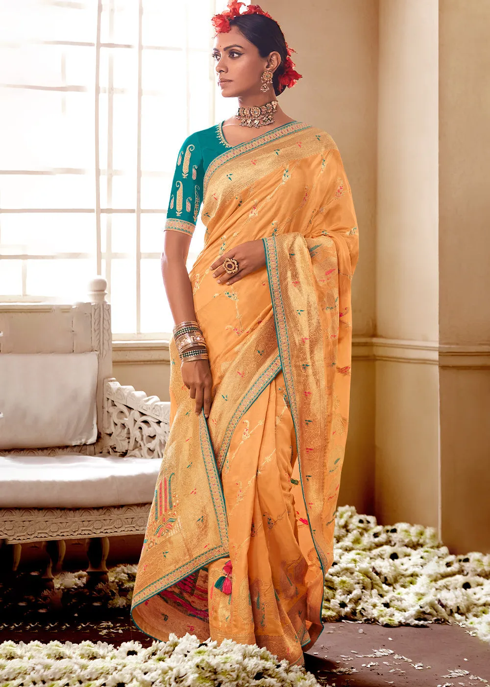 Light Orange Woven Dola Silk Saree with Contrast Embroidered Border