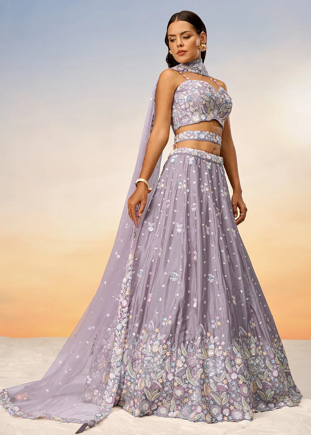 Mauve Poly Chiffon Embroidered Wedding Party Lehenga Choli