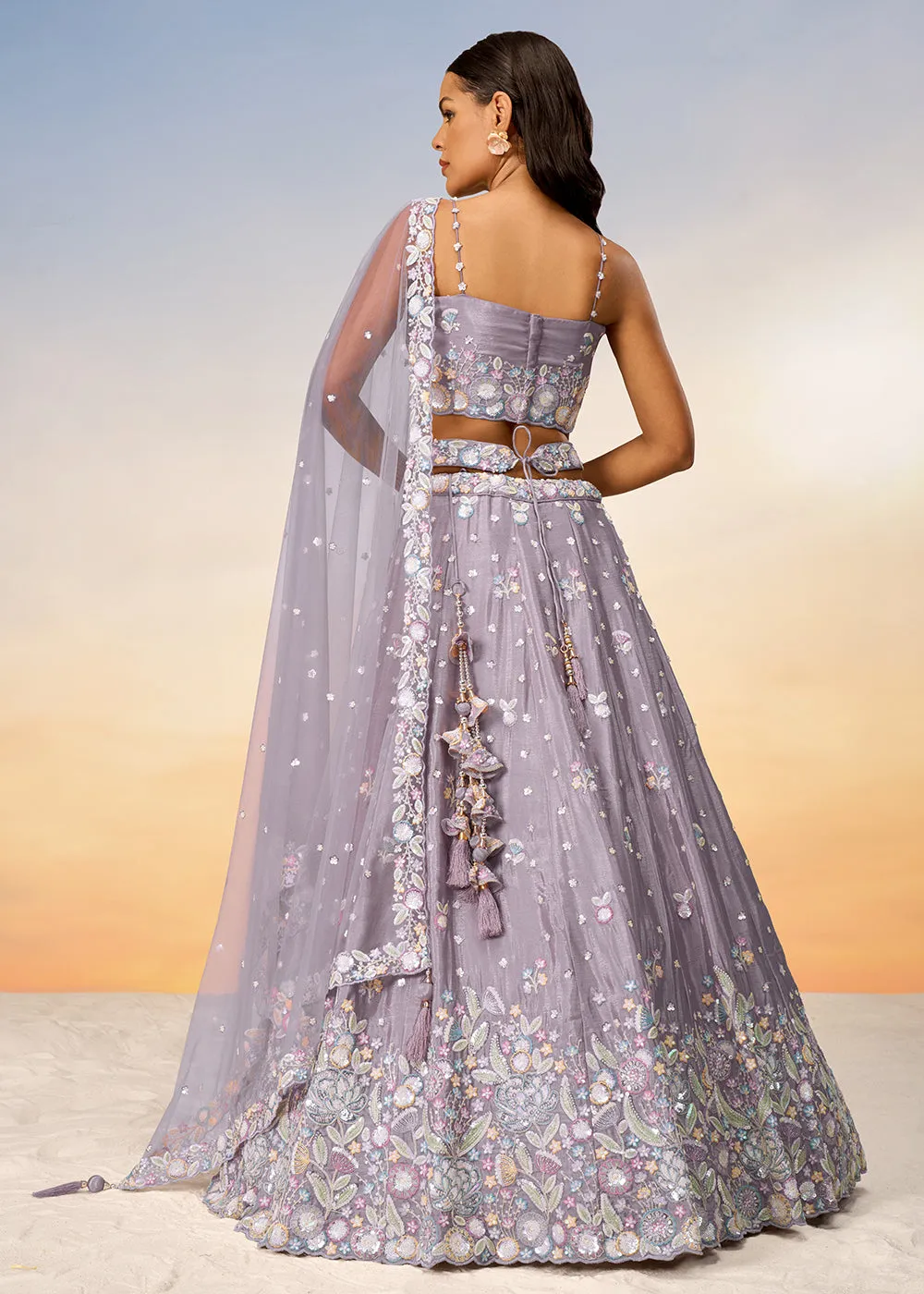 Mauve Poly Chiffon Embroidered Wedding Party Lehenga Choli