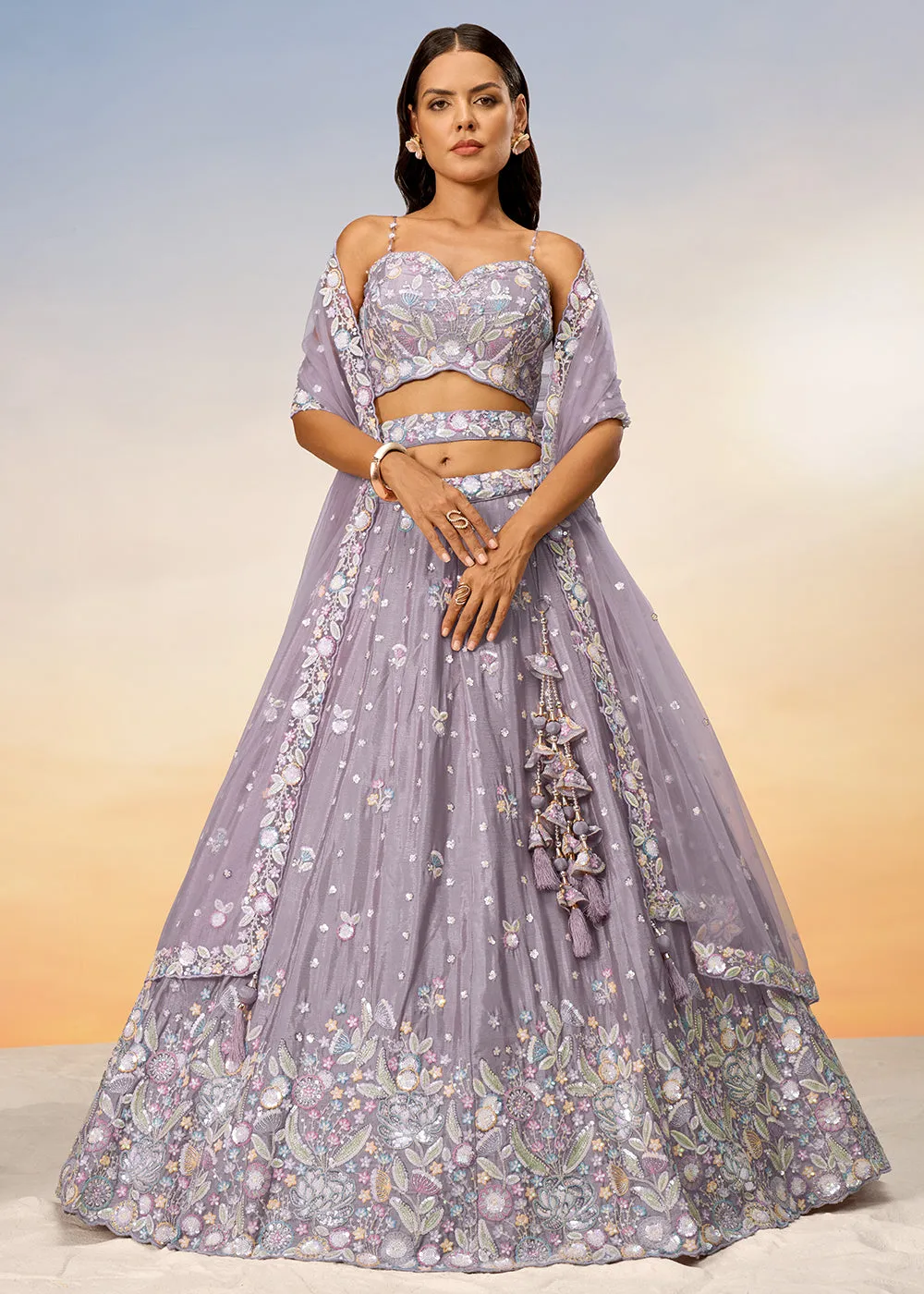 Mauve Poly Chiffon Embroidered Wedding Party Lehenga Choli