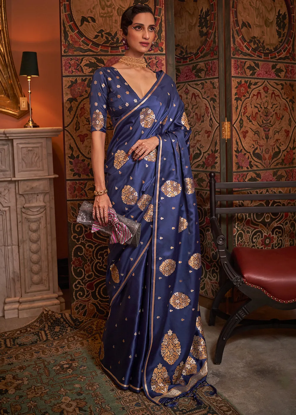 Midnight Blue Copper Zari Woven Satin Silk Saree