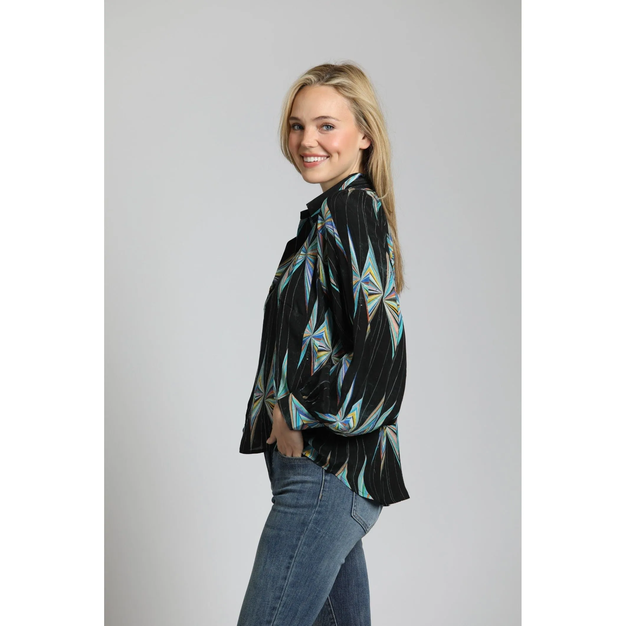 Multi-Color Half-Placket Pullover Blouse