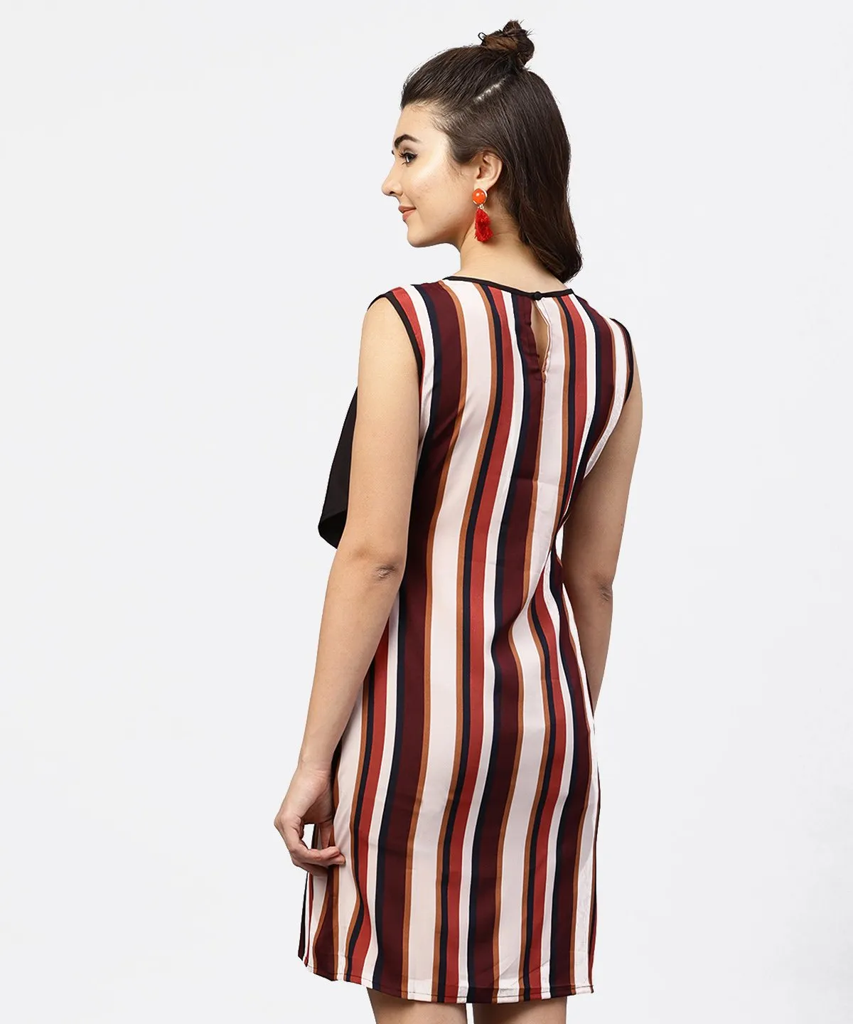 Multi Striped Sleeveless Dress With Round Neck