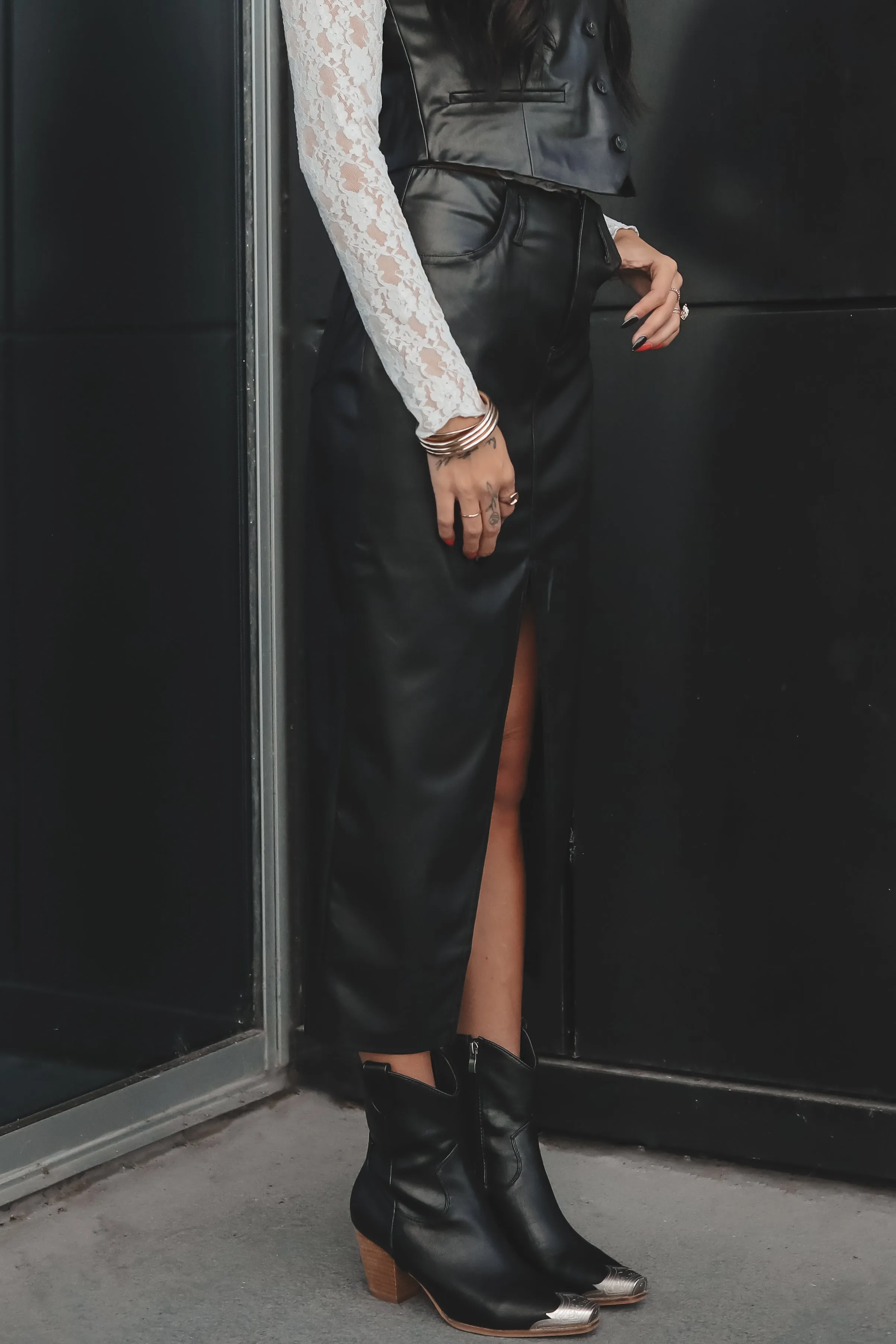 NIA Theresa Leather Midi Skirt