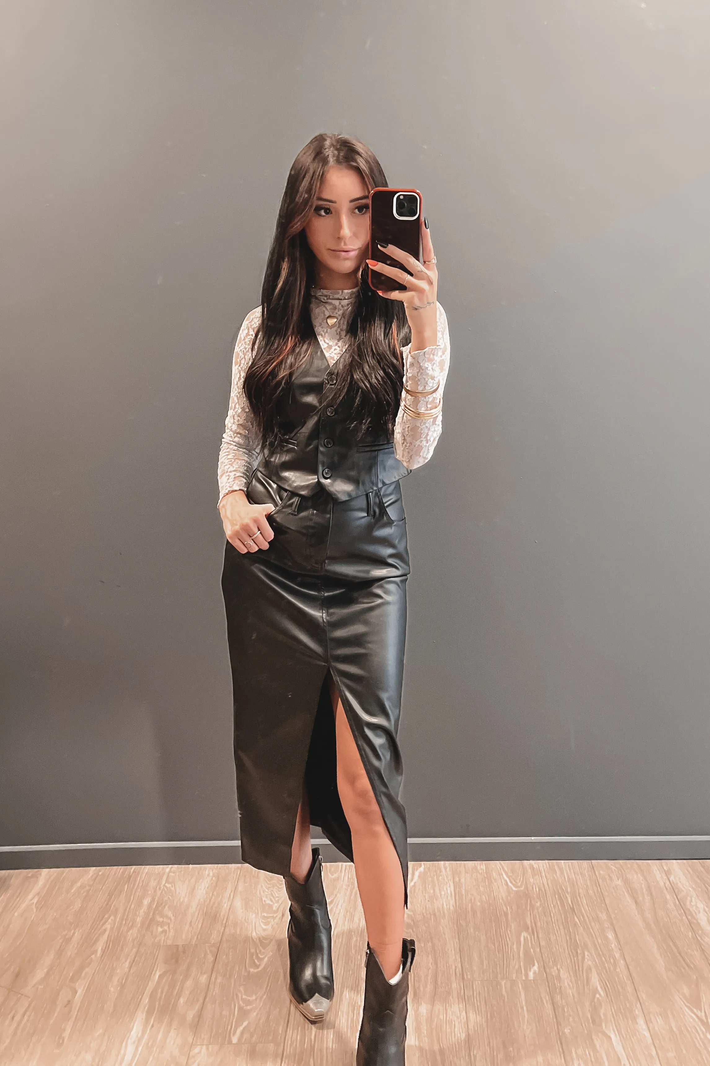 NIA Theresa Leather Midi Skirt