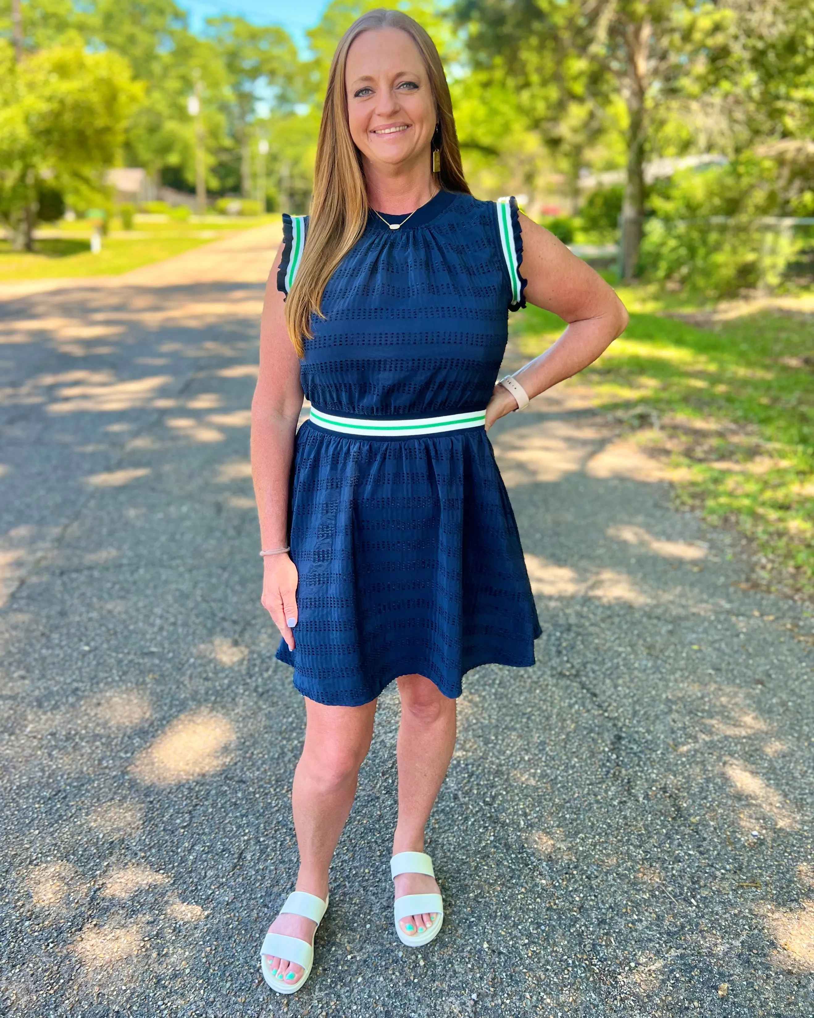 On Your Love Navy Stripe Elastic Band Detailed Textured Dress