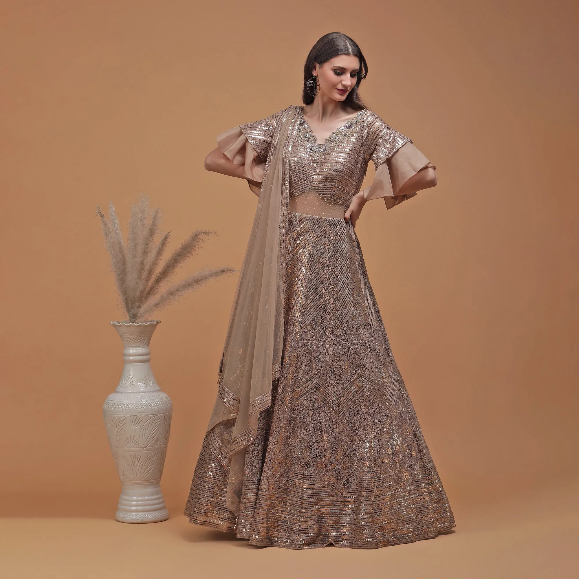 Pannkh Luxe Champagne Coloured Sequinned Lehenga with Dupatta Set