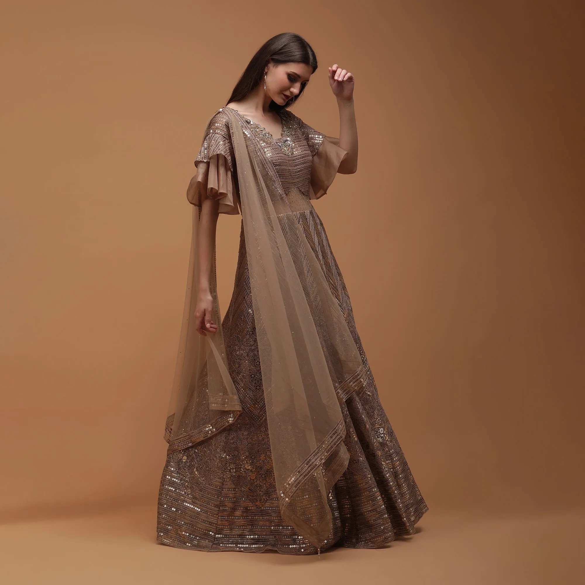 Pannkh Luxe Champagne Coloured Sequinned Lehenga with Dupatta Set