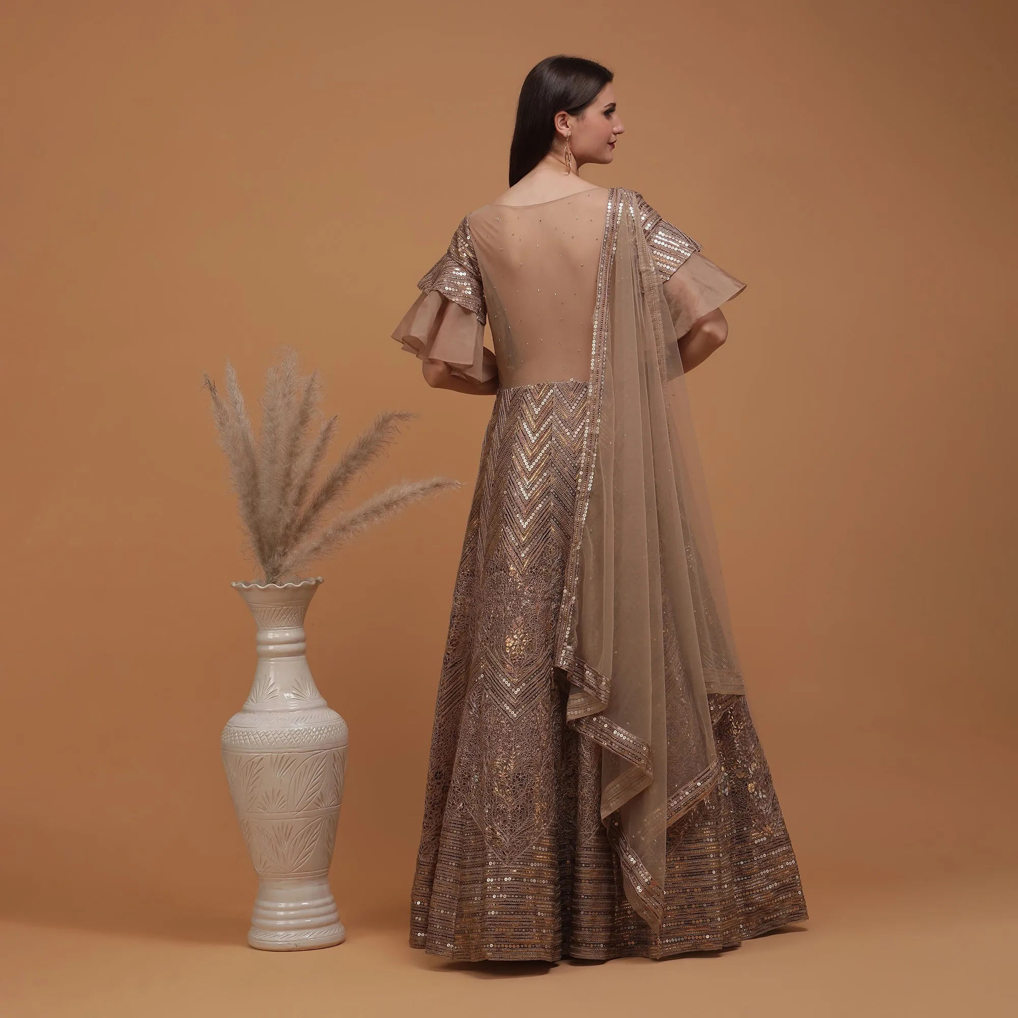 Pannkh Luxe Champagne Coloured Sequinned Lehenga with Dupatta Set