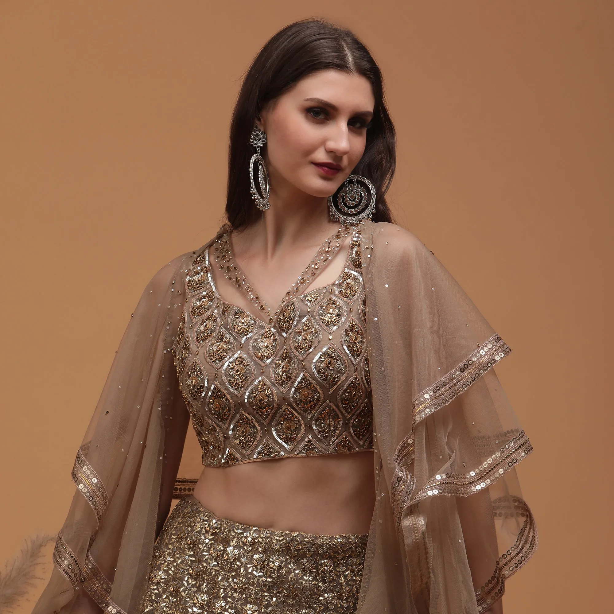 Pannkh Luxe Champagne Hand Embroidered Blouse with Lehenga and Dupatta Set